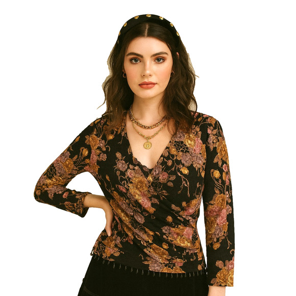 VTG Y2K Black Textured Metallic Floral Bead Trim Boho Whimisigoth Faux Wrap Top - Picture 1 of 12